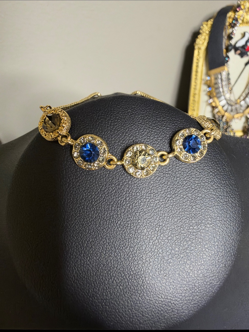Gold-Tone Blue & Champagne Crystal Link Adjustable Bracelet